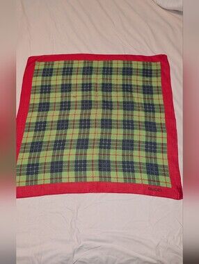 Gucci Plaid Cotton Scarf Vintage Green Red 26" Square GUC